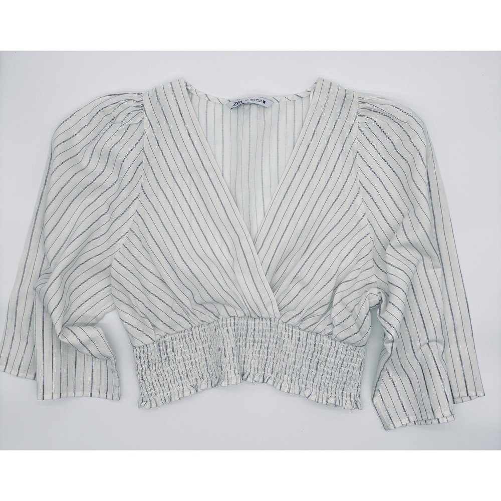 Zara Linen Blend Pin-striped Cross Wrapped Crop Top Smocked Waist 3/4 Puff XL